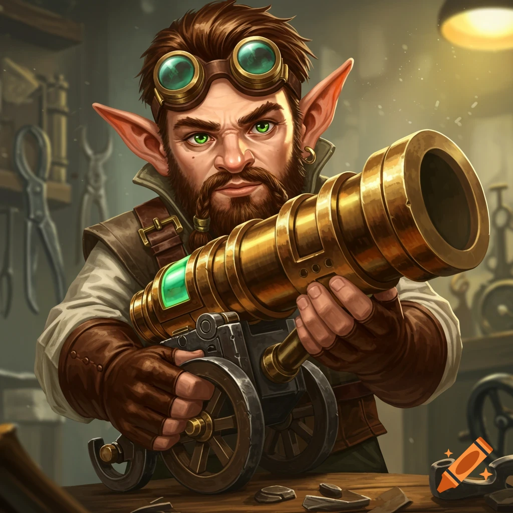 A detailed portrait of a male gnome with a beard and goggles, holding a steampunk-style artificer cannon in a workshop.