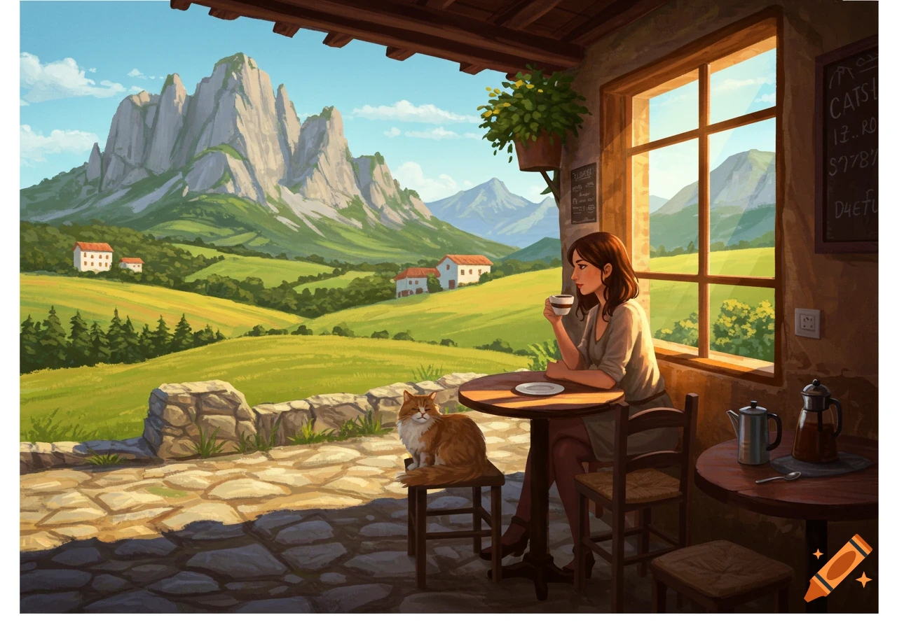 A woman sits at a cafe table with a cat, looking out at a beautiful mountain landscape under a sunny sky. Illustrated style.