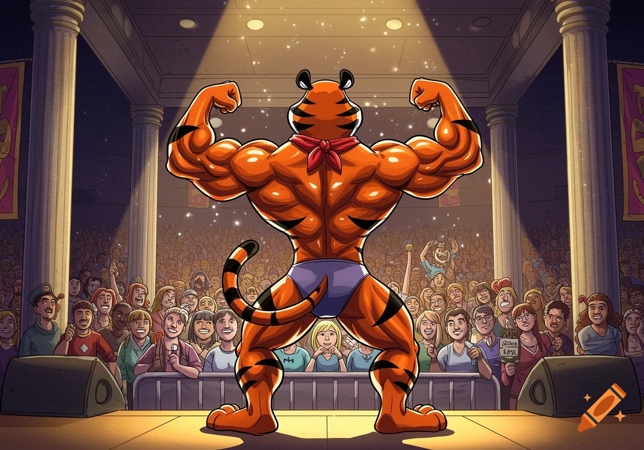 Tony the Tiger, from behind, flexing muscles on a stage to a cheering crowd at a bodybuilding contest.
