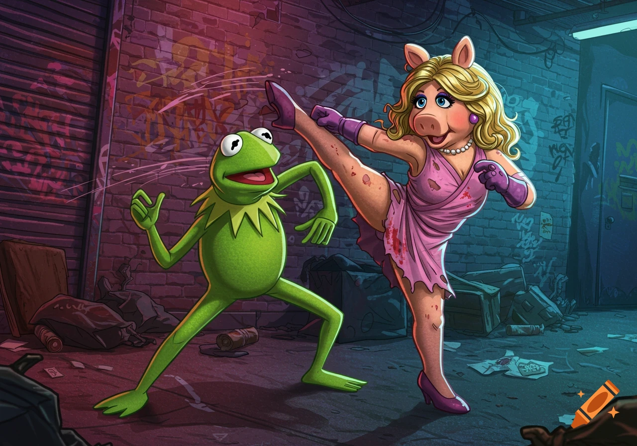 Kermit the Frog dodges a high kick from Miss Piggy in a gritty, graffiti-covered alley.