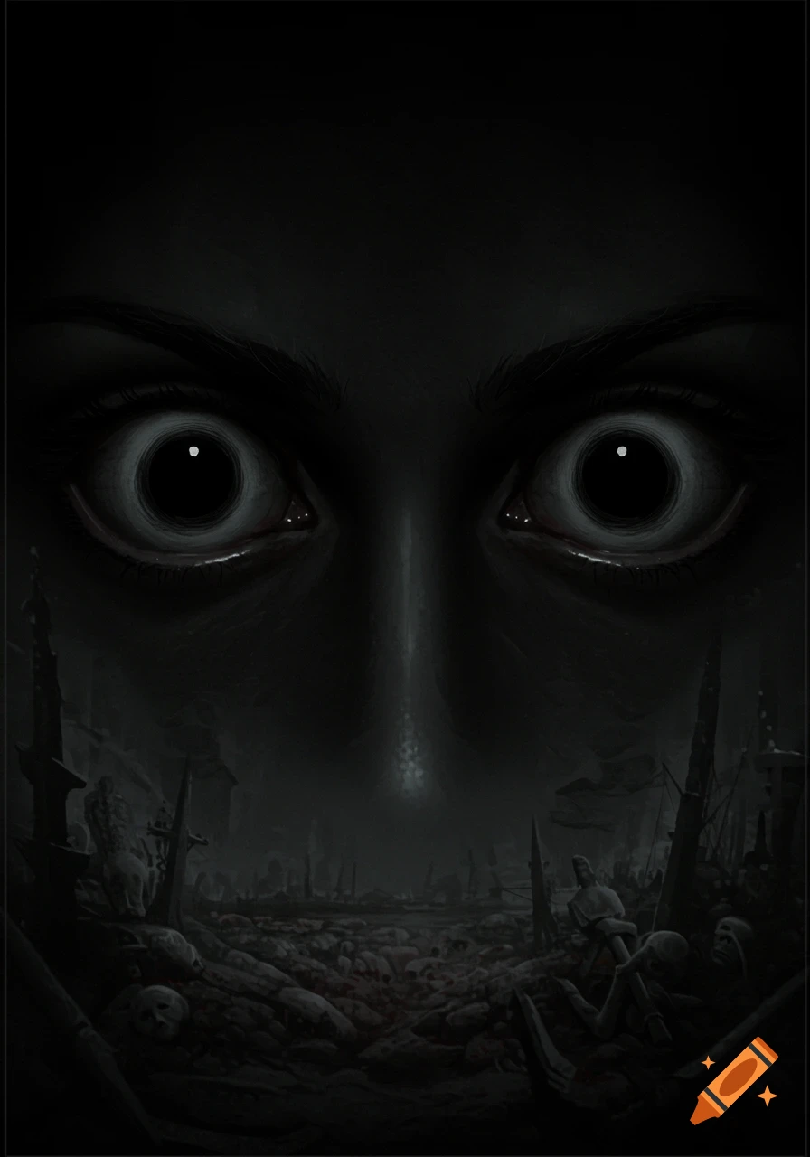 Close-up of wide, dark, staring eyes looking down at a desolate, apocalyptic landscape filled with skulls and ruins.