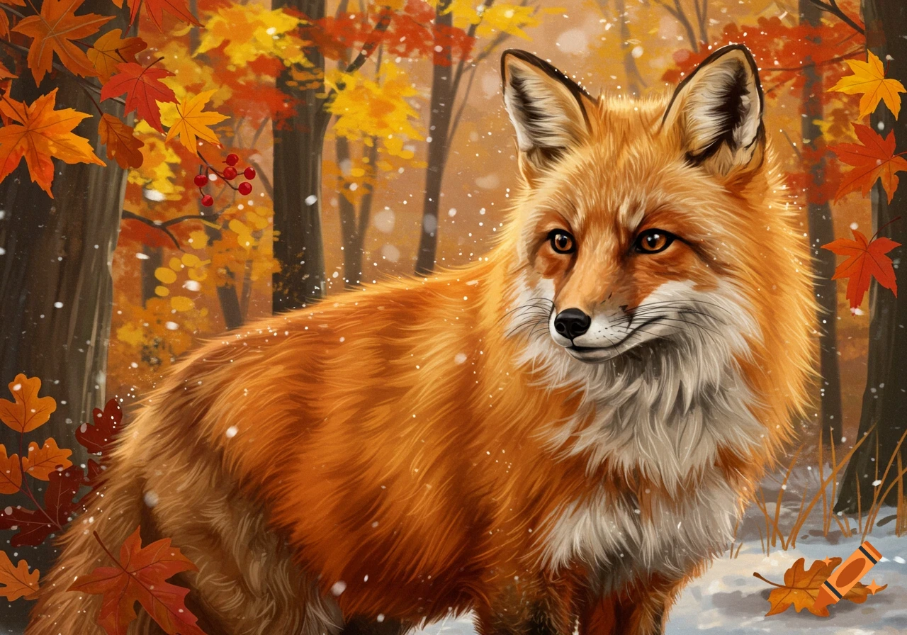 An orange fox with white fur on its chest stands in a snowy forest with colorful autumn leaves falling.