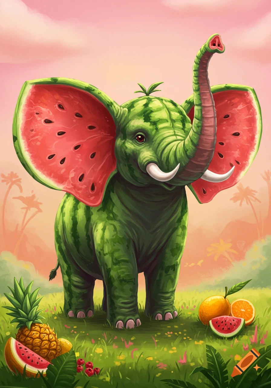 A whimsical green watermelon elephant with red watermelon slice ears stands in a grassy field with other fruits under a pink and orange sky, trunk raised.