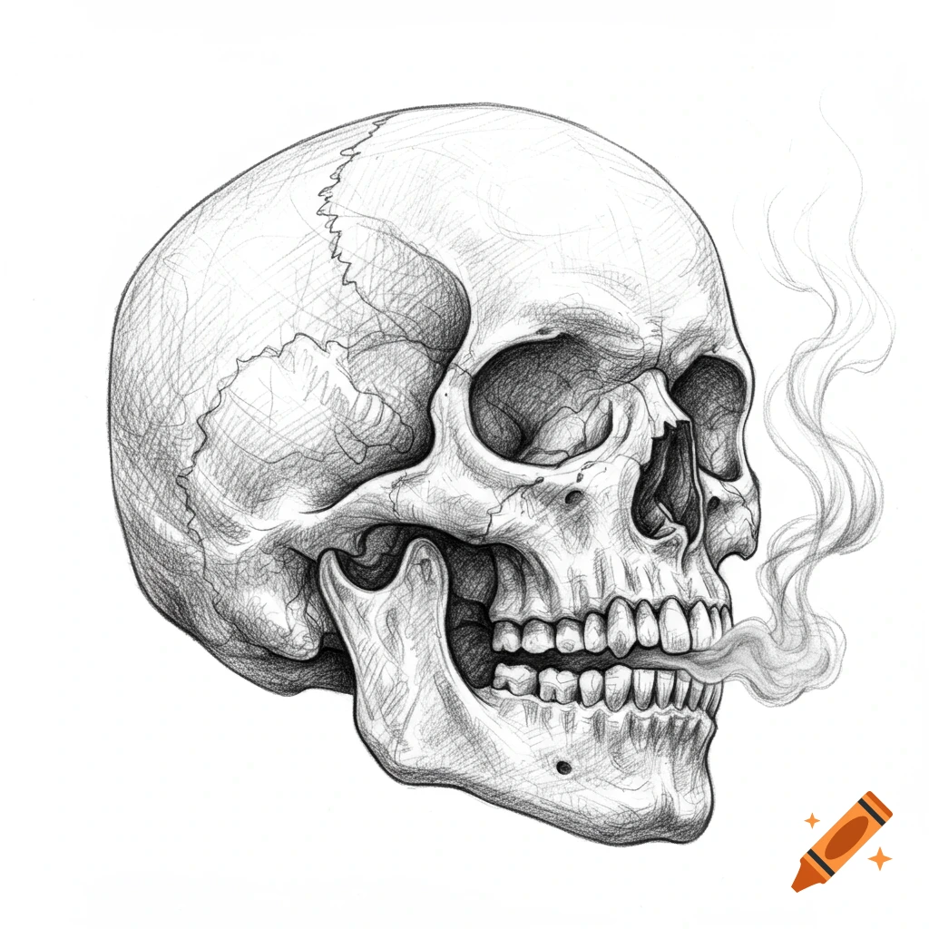 Pencil drawing of a human skull with smoke emanating from its mouth.