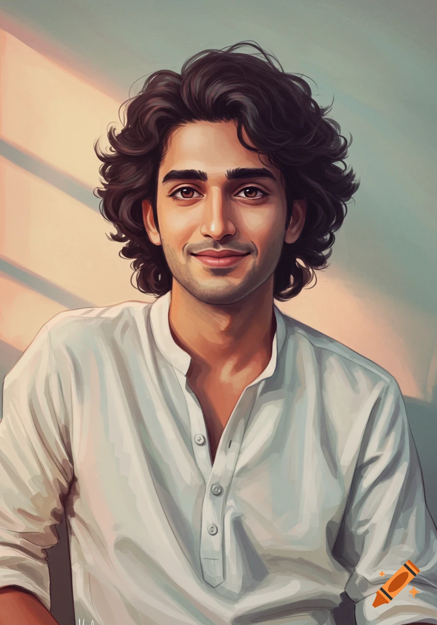 An illustration of a smiling young man with dark curly hair wearing a white collared shirt.