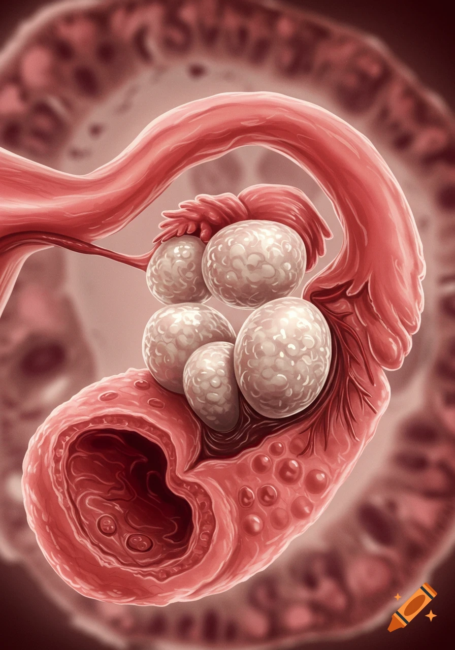 Detailed cinematic style illustration of a human ovary with multiple visible follicles.