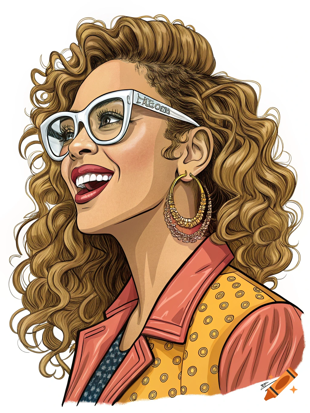 Cartoon portrait of a smiling woman with curly hair wearing white glasses and large hoop earrings.