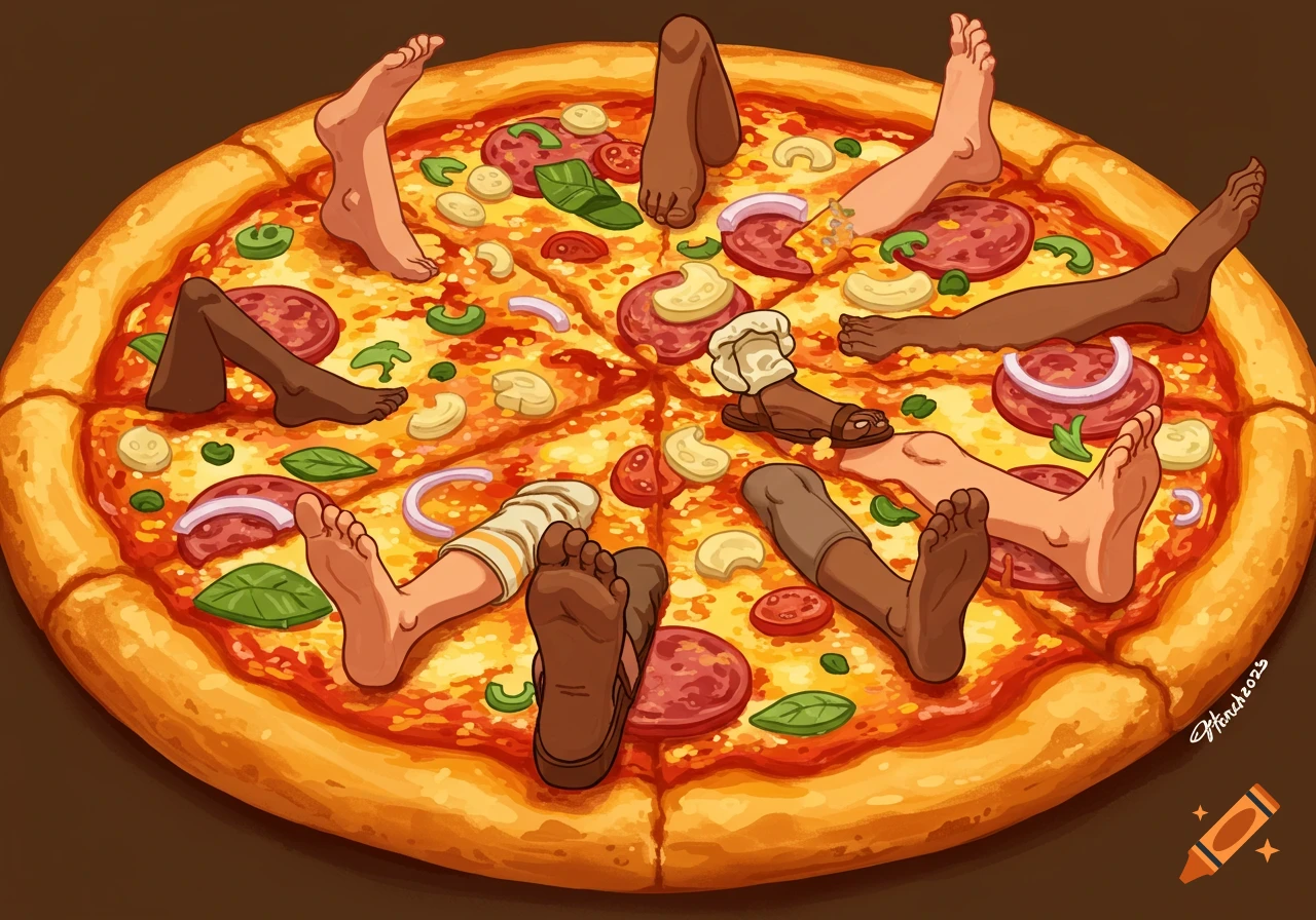 A cartoon illustration of a pizza topped with various human feet and lower legs.