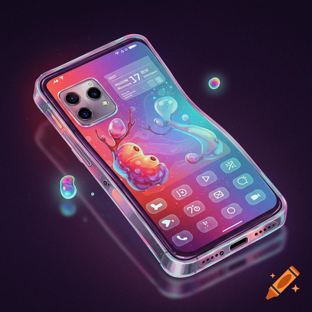 A futuristic cell phone with a vibrant, colorful abstract background and  glowing icons on its screen, encased in a clear, iridescent case. on Craiyon, image size:1024x1024