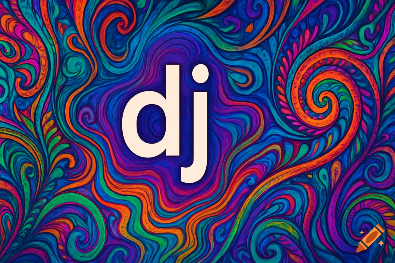 White lowercase 'dj' on a vibrant, swirling psychedelic background with blue, green, orange, and purple hues.