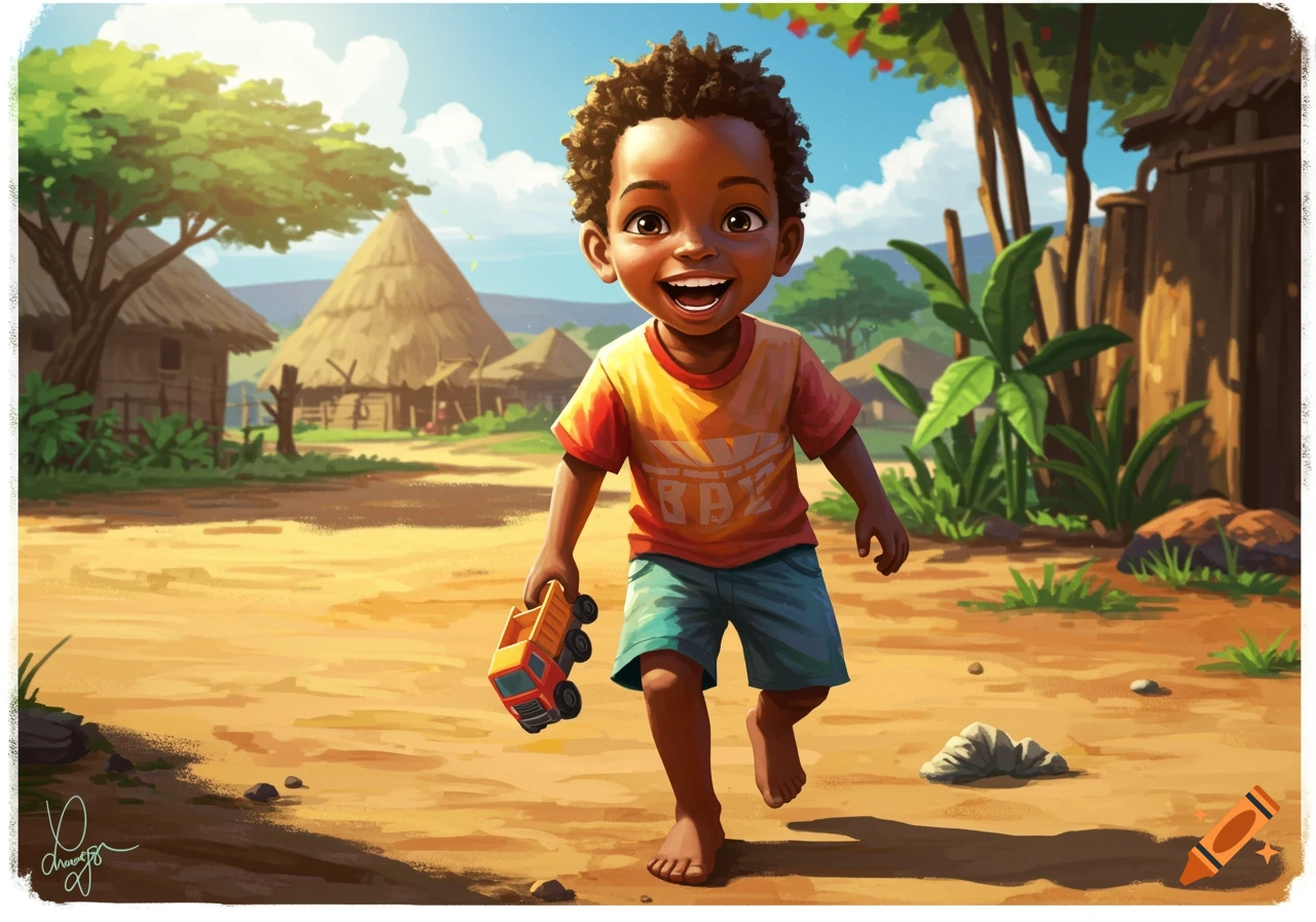 A smiling young boy with curly hair, wearing a red and yellow shirt and blue shorts, runs barefoot on a dirt path, holding a toy truck. Traditional huts and trees are in the background under a blue sky, in a stylized illustration.