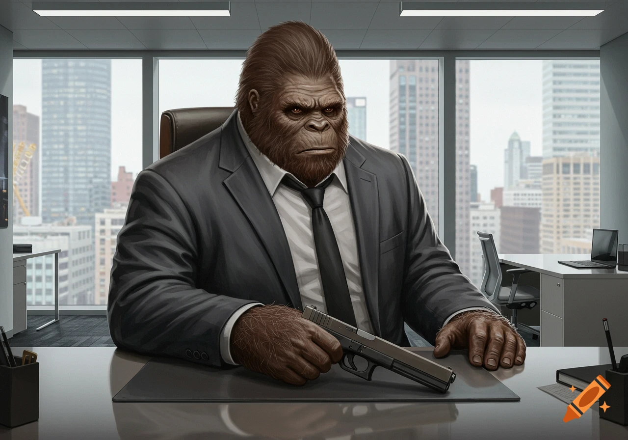 A serious Sasquatch in a suit and tie sits at an office desk with a gun, city skyline visible through the window.