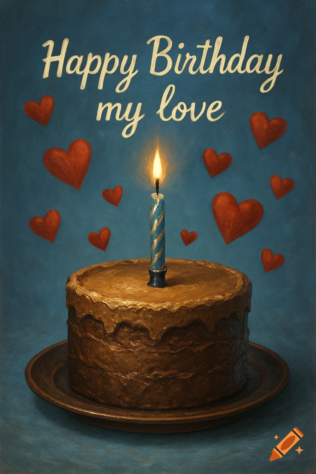 A textured painting of a chocolate birthday cake with a lit candle, red hearts, and "Happy Birthday my love" on a blue background.