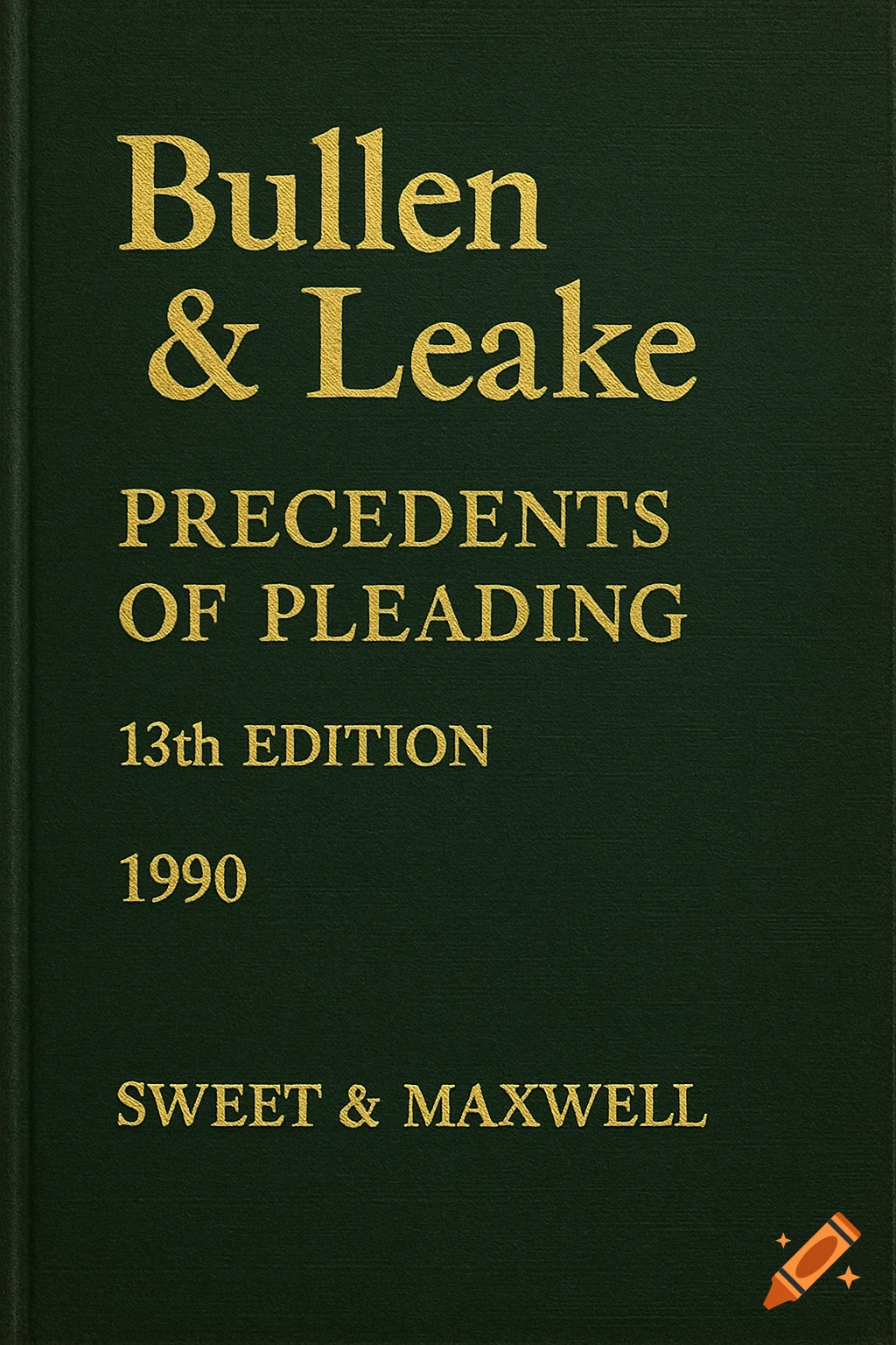 A dark green book cover with gold text reading 'Bullen & Leake Precedents of Pleading 13th Edition 1990 Sweet & Maxwell'.