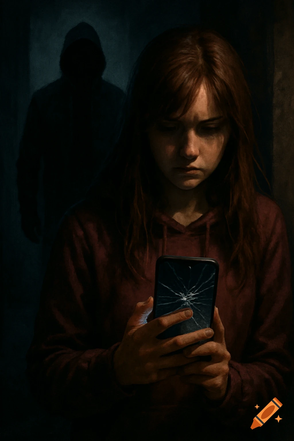 A distressed young woman looks at her cracked smartphone in a dark setting, with a shadowy figure looming behind her. Digital painting.
