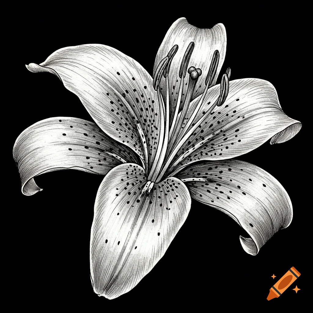 An intricate black and white engraving of a tiger lily with speckled petals on a black background.