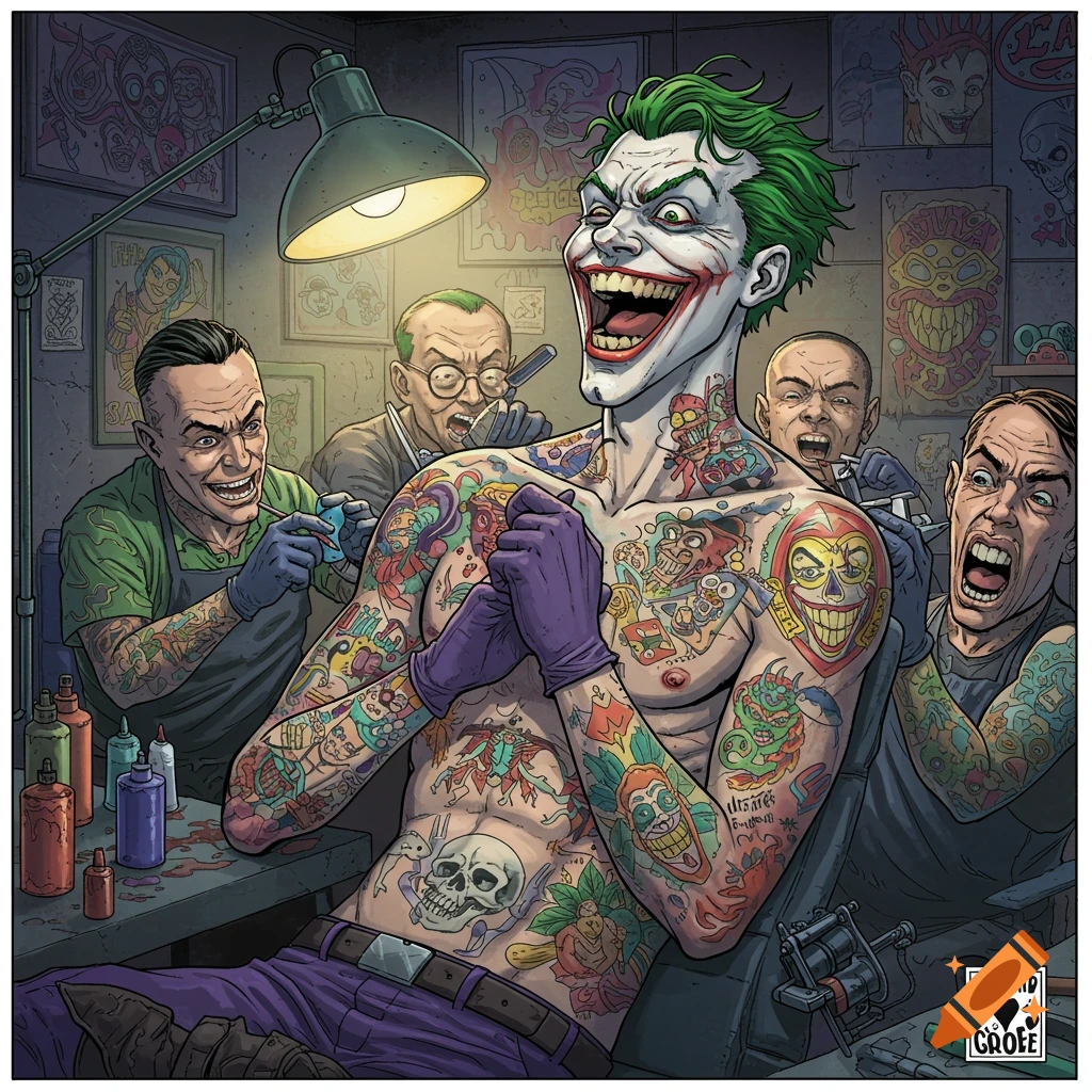The Joker with green hair laughs maniacally in a tattoo parlor, covered in colorful tattoos, as artists work on him in a comic book style.