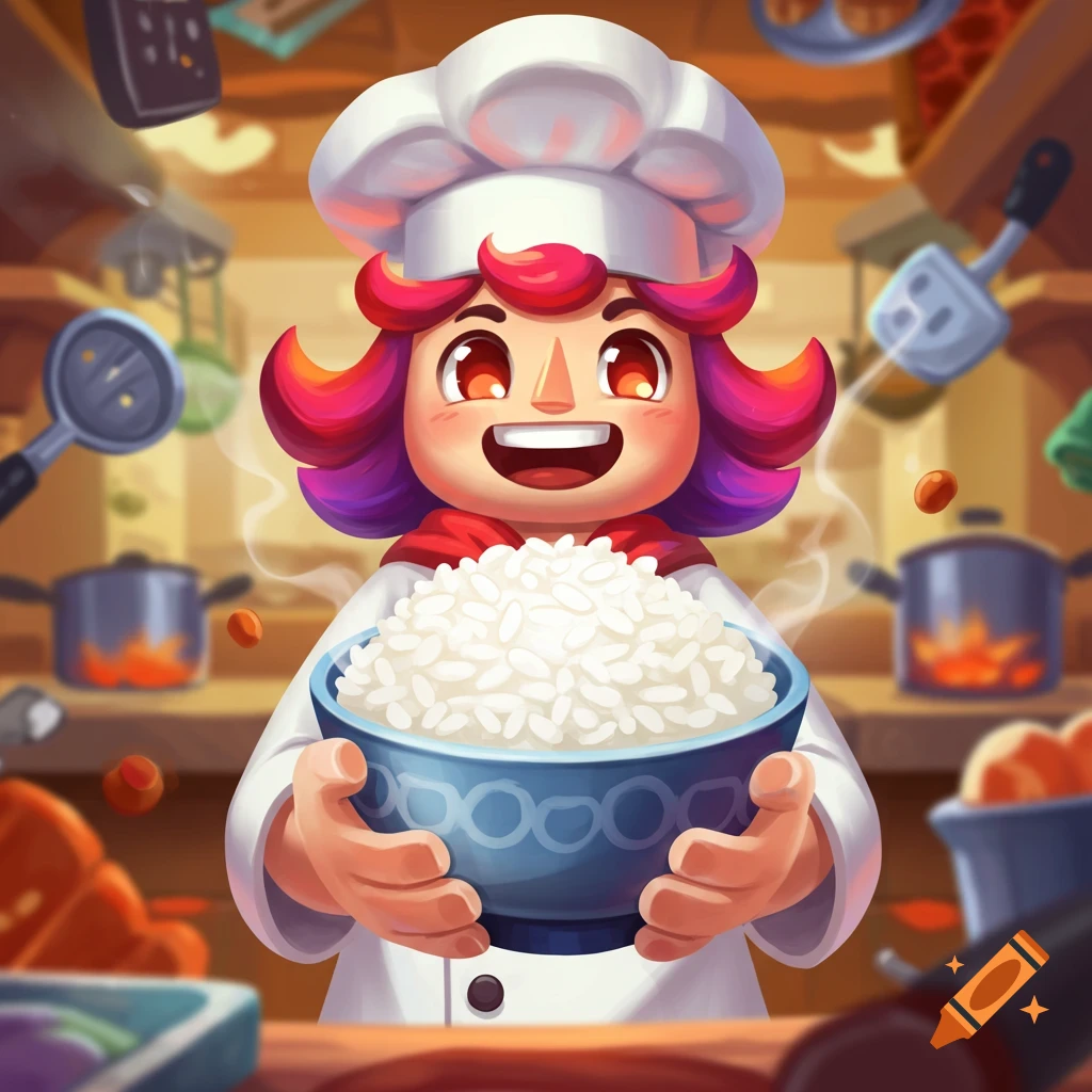 A cheerful, stylized chef with pink and purple hair holds a bowl of steaming white rice in a bustling kitchen.