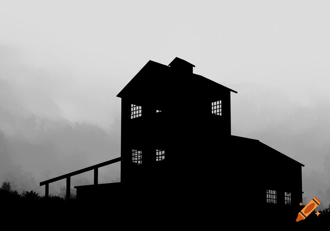 Silhouette of an abandoned warehouse against a misty sky in high contrast black and white.
