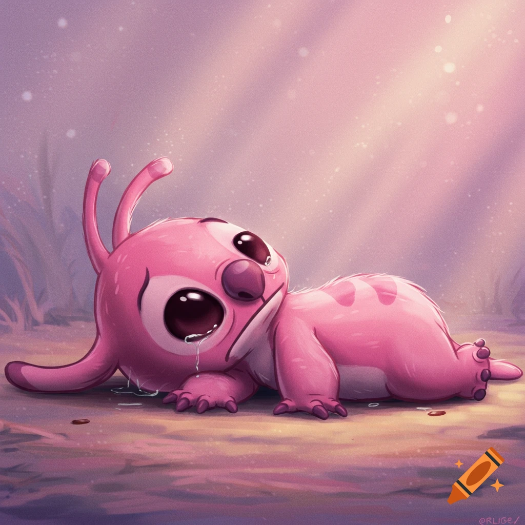 A pink, alien-like creature with large eyes, resembling Angel from Lilo & Stitch, lies on the ground crying in an animated style.