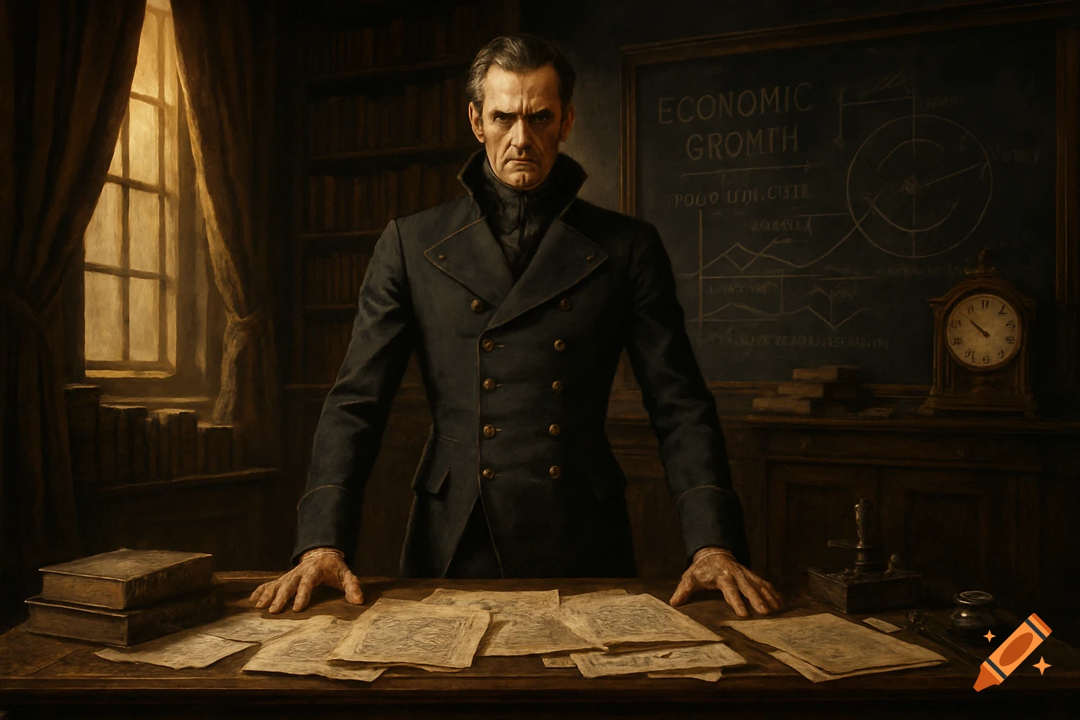 A stern man in a dark double-breasted coat stands at a desk covered in papers, with a chalkboard behind him and a window to the left, in a dimly lit, vintage study.