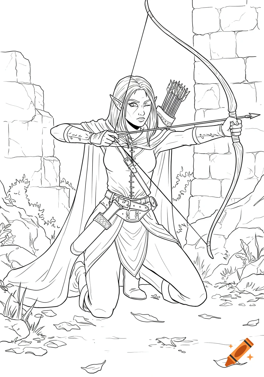 Black-and-white line art of an elven archer kneeling, drawing a bow with one eye closed, against a ruined stone wall.