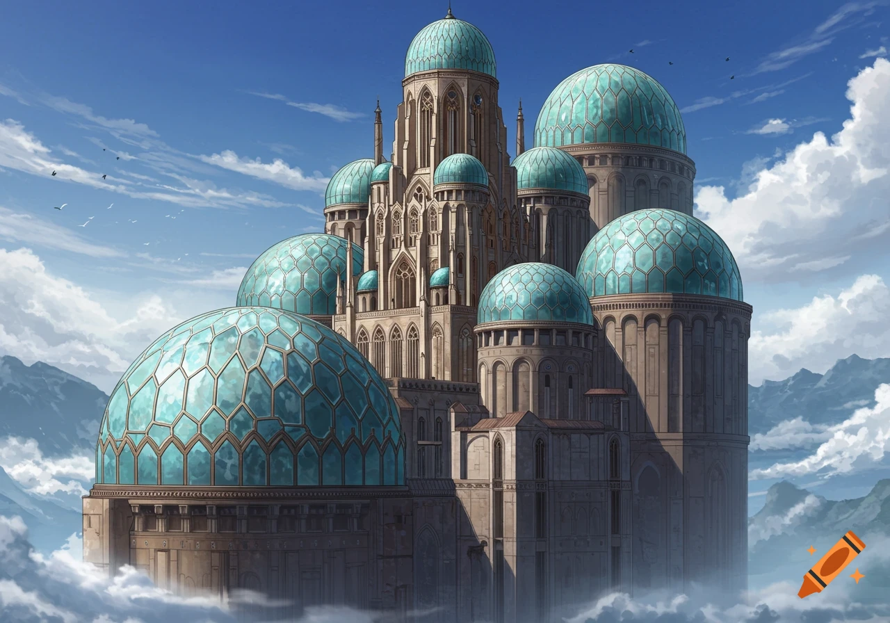 A massive fantasy citadel with multiple turquoise glass domes and a central cathedral-like tower, floating among clouds above mountains.