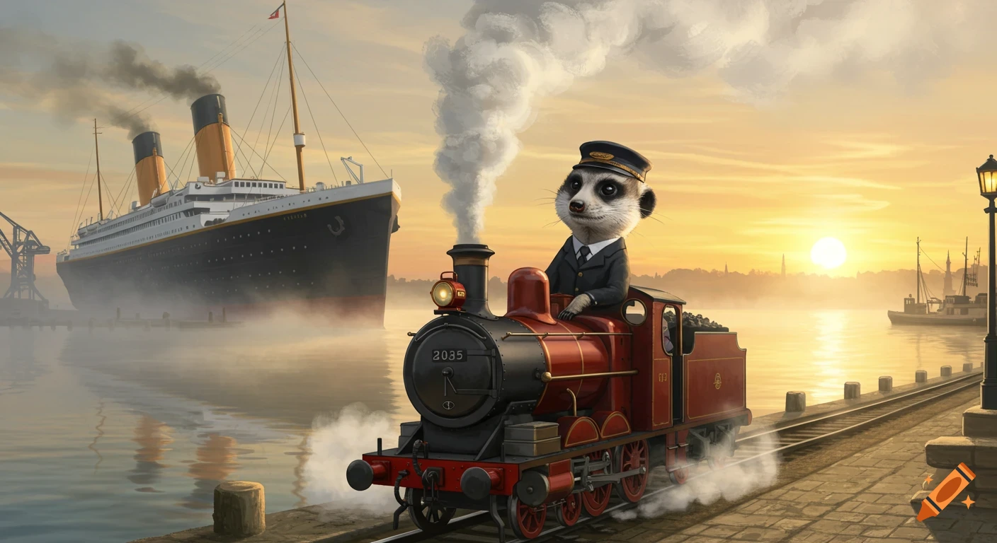 A meerkat dressed in a uniform drives a red steam engine along a dock. In the background, the large ship Titanic sits in a harbor at sunrise.