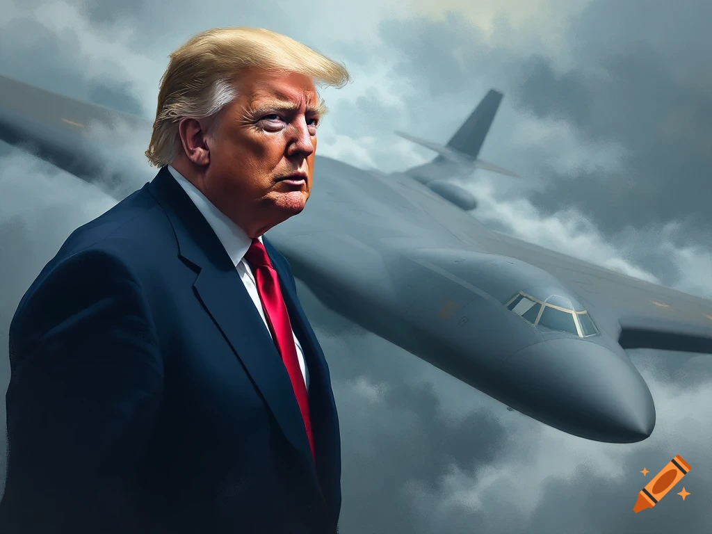 Donald Trump in a suit and red tie stands with a B-2 Bomber flying in a cloudy sky behind him.