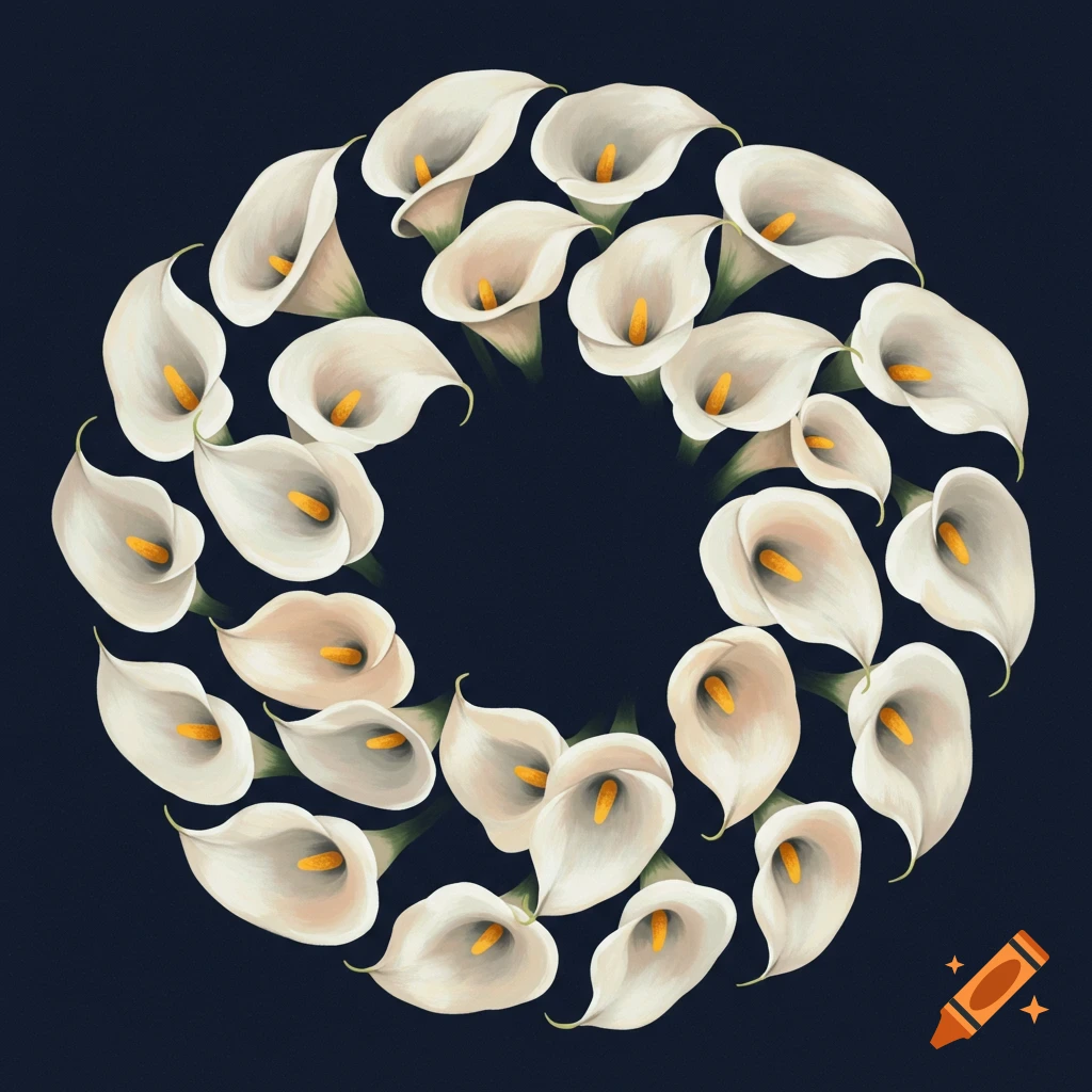 A circular arrangement of white calla lilies with yellow centers on a dark background.