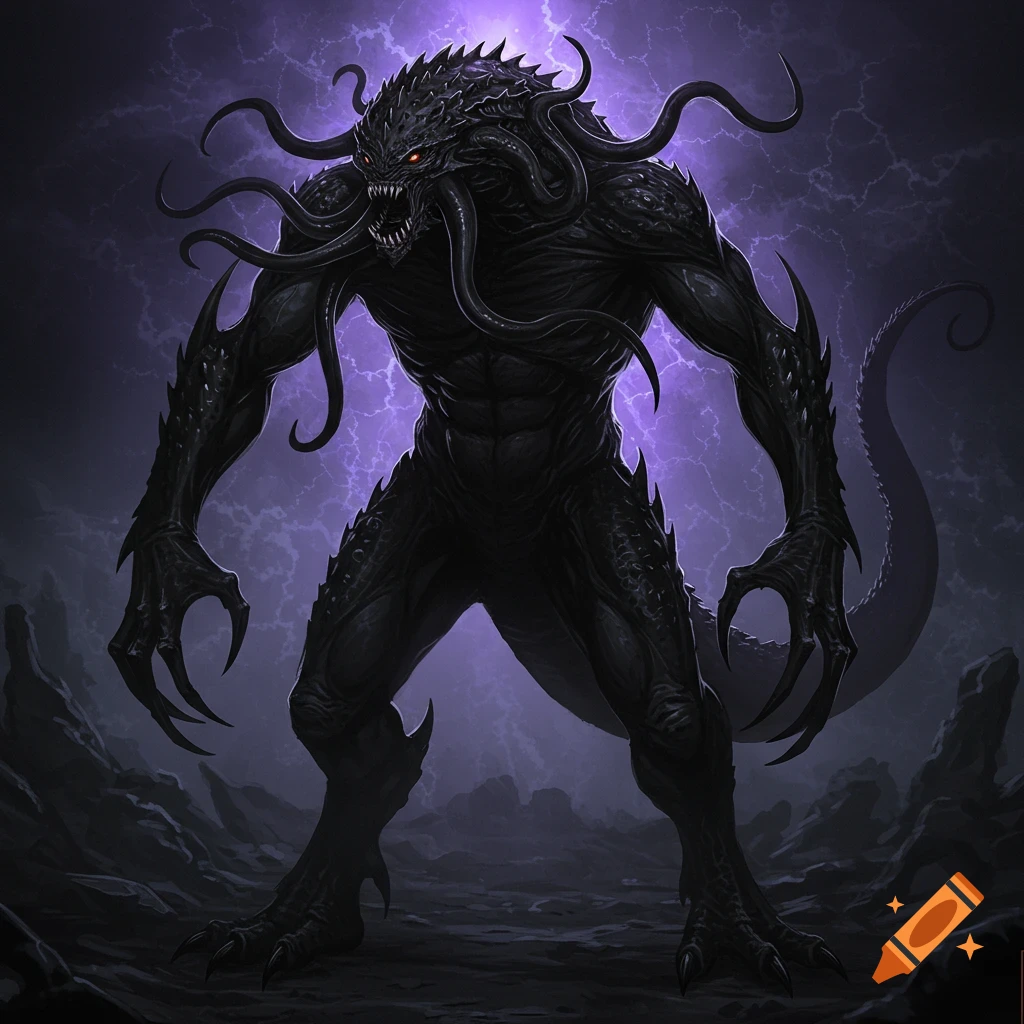 A terrifying, dark, tentacled monster with glowing red eyes stands on a desolate landscape under a stormy purple sky with lightning.