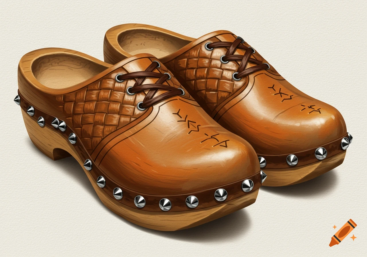 A pair of brown wooden clogs with laces and silver studs around the sole.