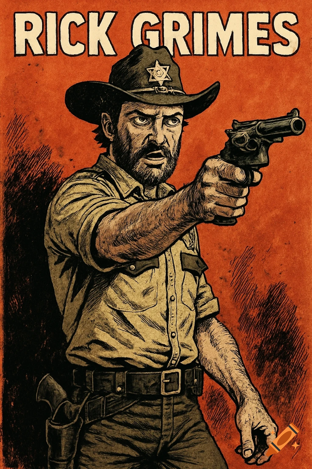 A comic book style poster of Rick Grimes from The Walking Dead, holding a gun, with 'RICK GRIMES' text at the top.