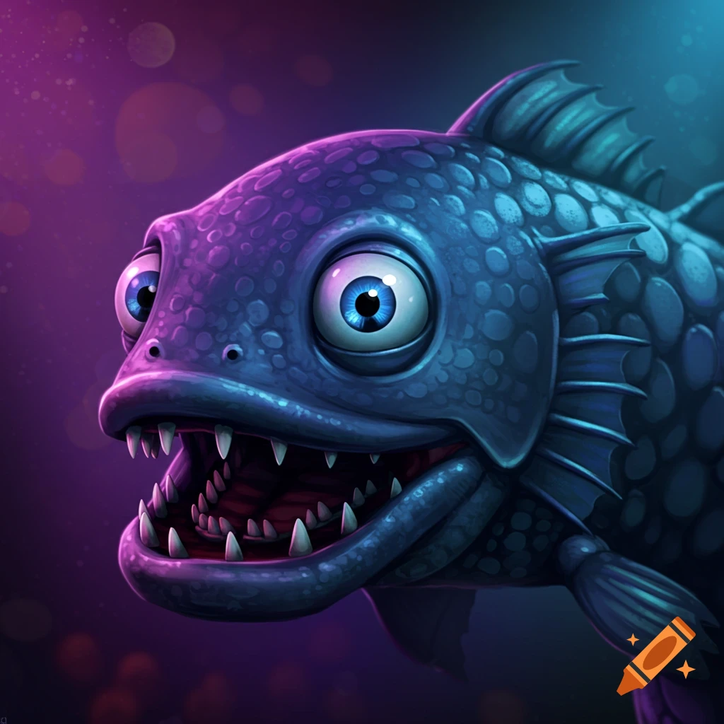 A purple and blue cartoonish fish with large eyes and sharp teeth, resembling an animatronic creature.