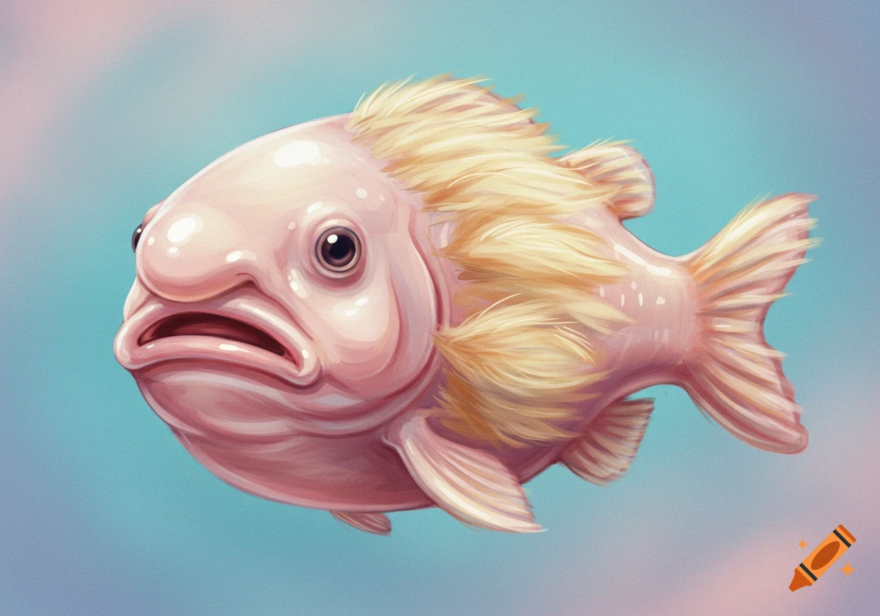 Stylized illustration of a pink blob fish with blonde hair swimming against a blue and purple background.