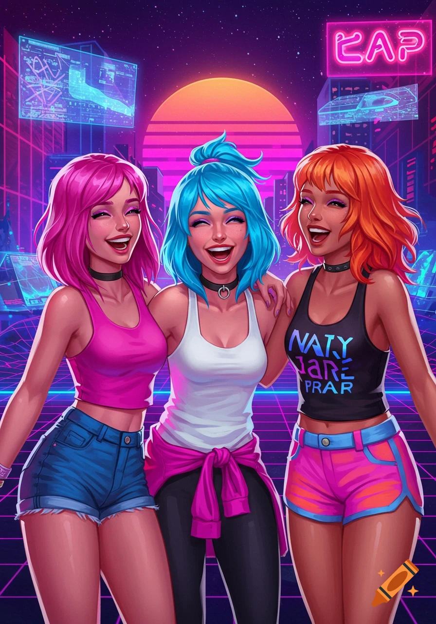 Three smiling women with colorful hair, dressed in tank tops and shorts, embrace in a vibrant neon-lit synthwave cityscape at sunset.