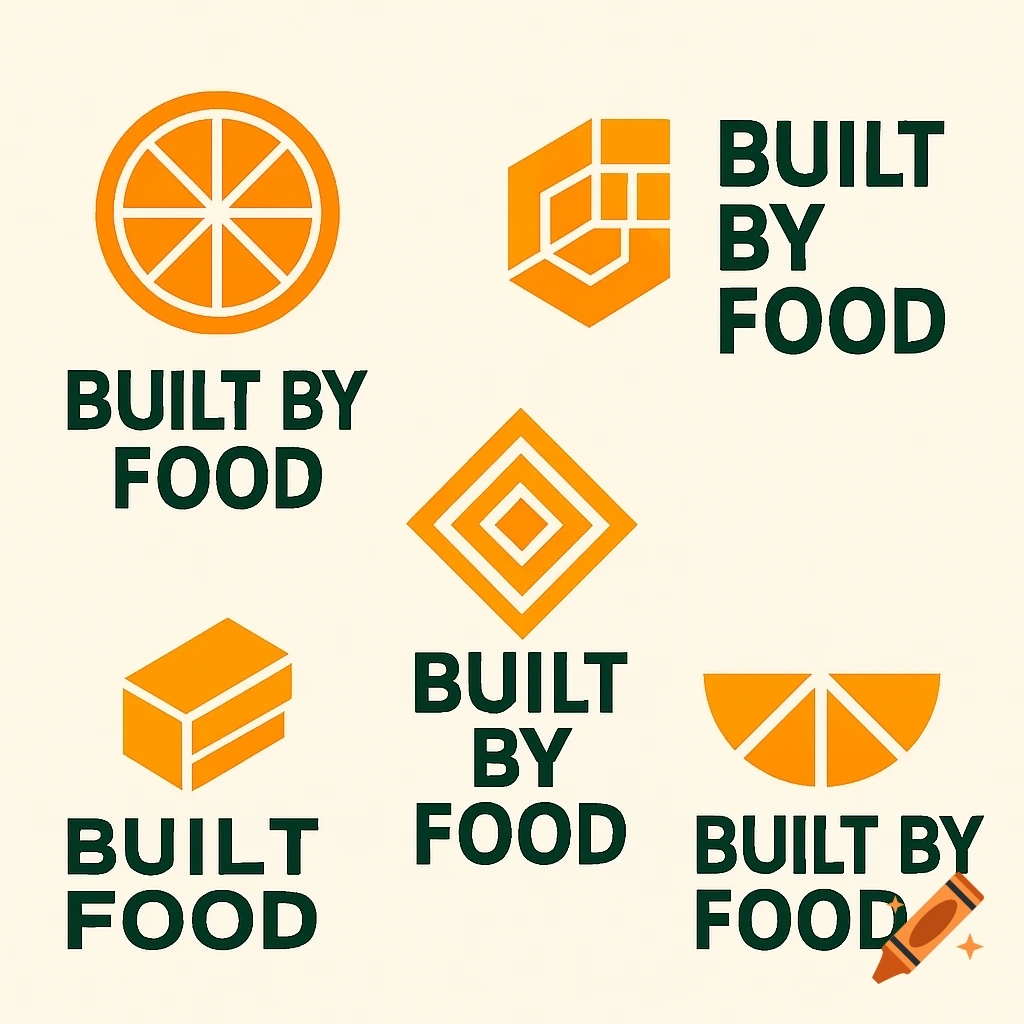 A grid of six geometric logo concepts for 'BUILT BY FOOD' with orange abstract orange slice icons and green text on a cream background.