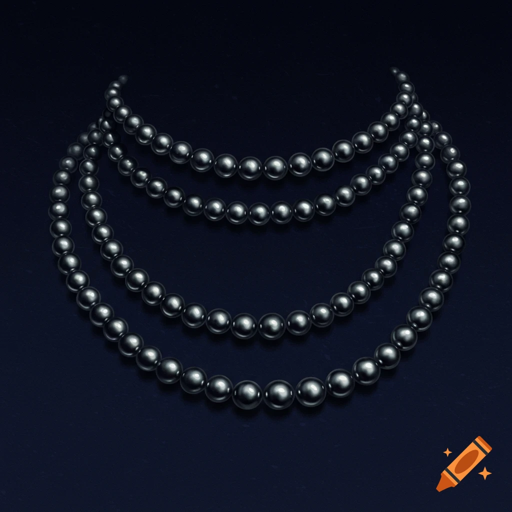 Three layered strands of black pearls on a dark background.