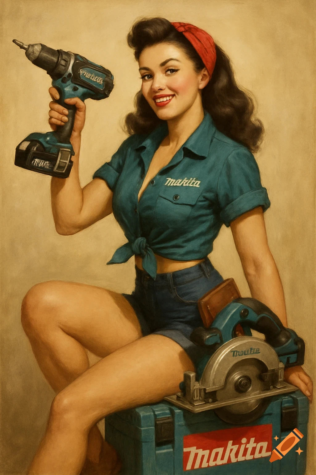 A vintage-style pin-up girl poses with a drill and a circular saw, wearing a teal shirt and denim shorts, with Makita branding visible.