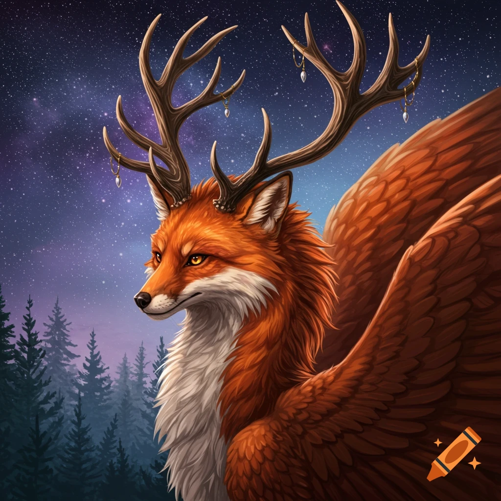 A majestic fox-like creature with large antlers and feathered wings, illuminated by a starry night sky over a pine forest. Digital art.