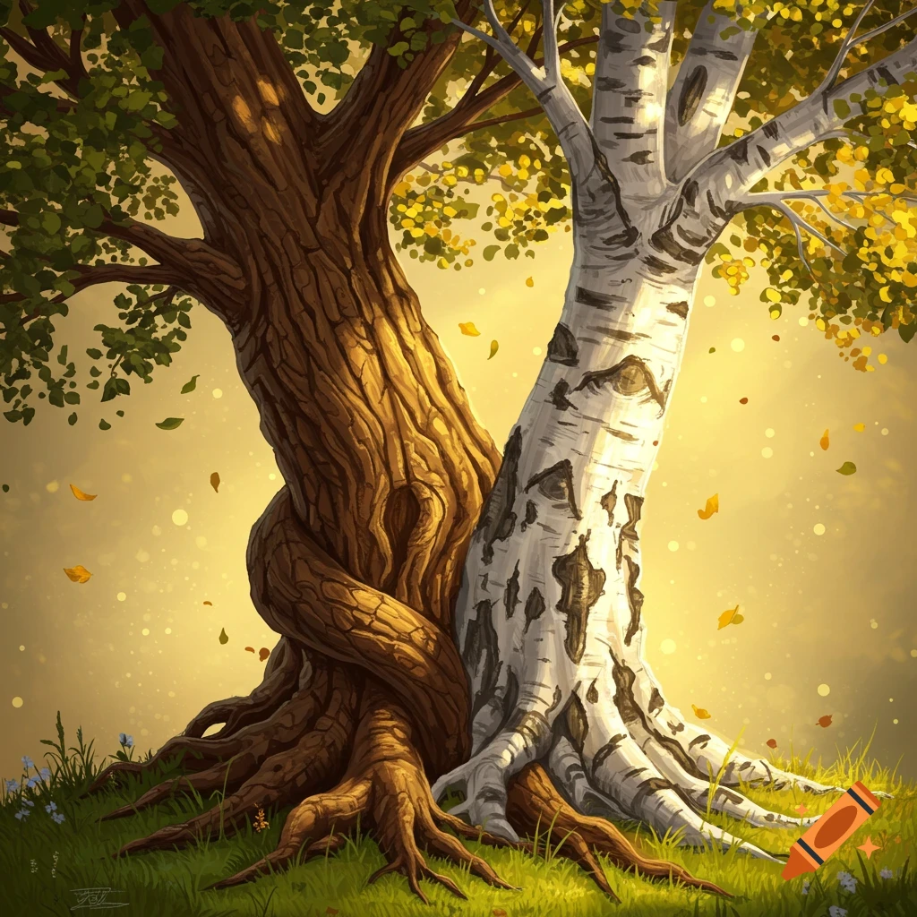 Illustrative image of two distinct trees, one brown and one white, with their trunks intertwined on grassy ground as autumn leaves fall.