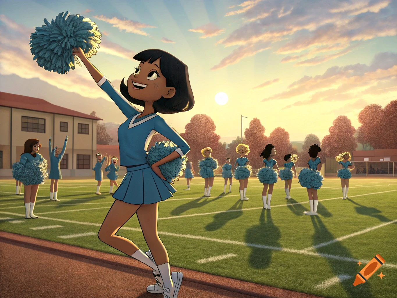 A cartoon cheerleader in a blue uniform raises a pom-pom on a sunny sports field with other cheerleaders in the background.