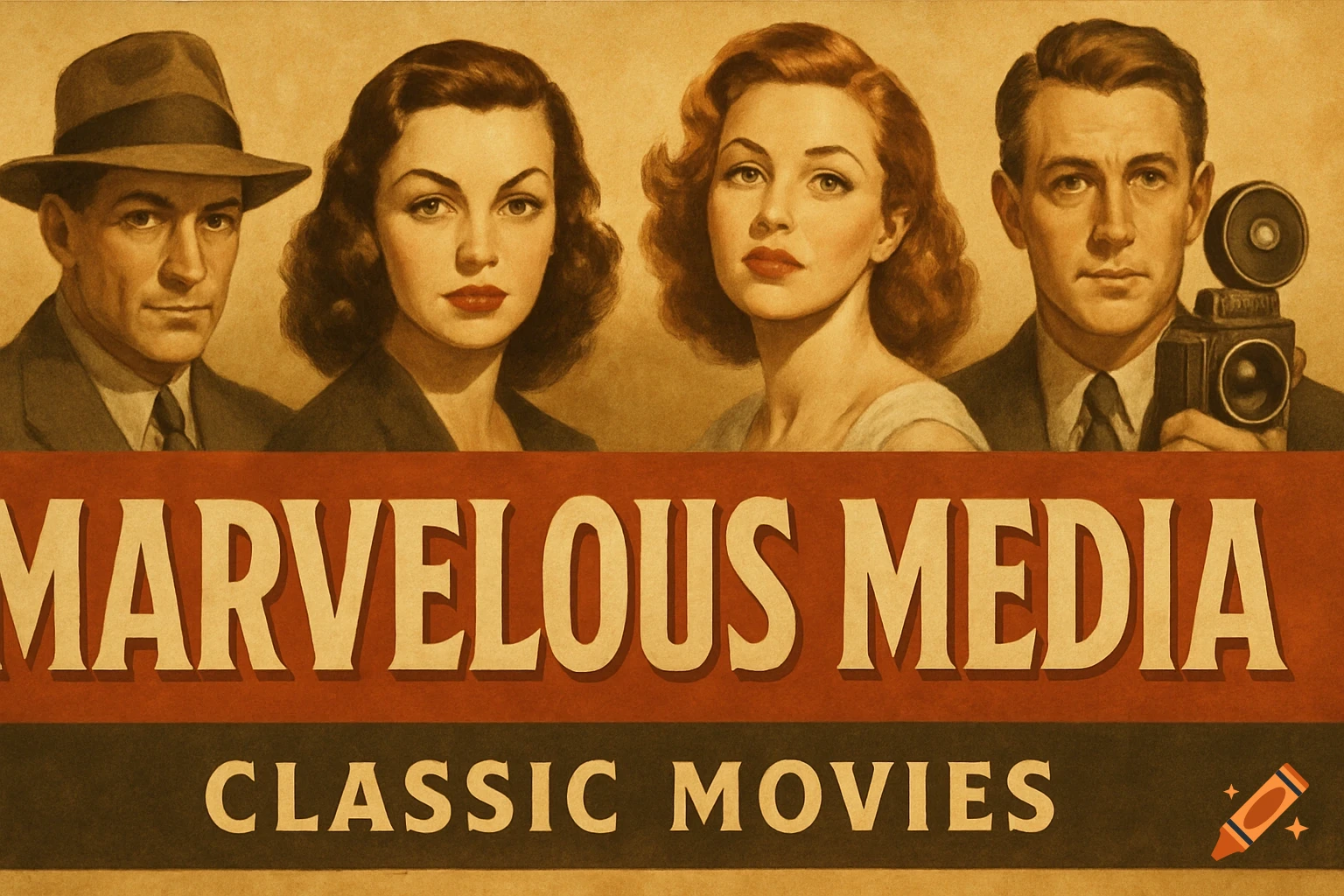 A vintage illustration poster for 'Marvelous Media Classic Movies' featuring two men and two women, one holding a film camera.