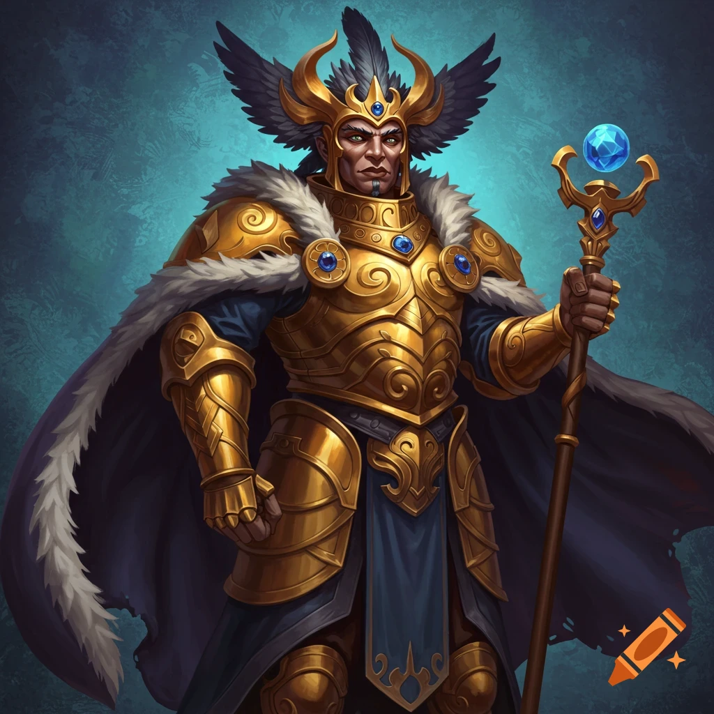 A majestic fantasy king in ornate golden armor, feathered crown, and a staff with a glowing blue gem, against a dark blue background.