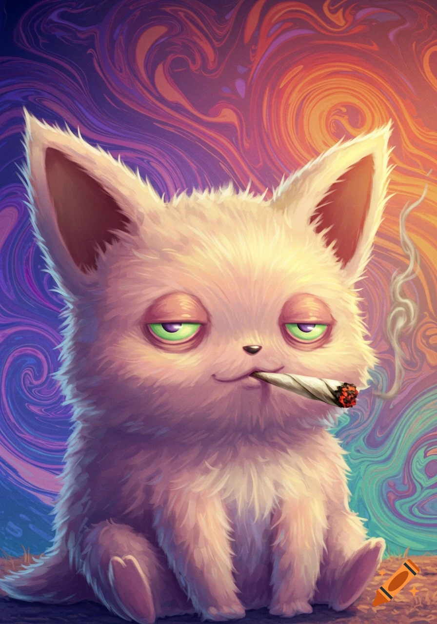 A cute, fluffy, cartoon creature with droopy eyes holding a lit joint, against a swirling psychedelic background.