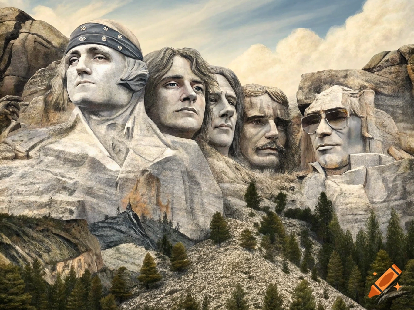 A depiction of Mount Rushmore featuring the faces of the band Guns N' Roses carved into the rock face, surrounded by trees.