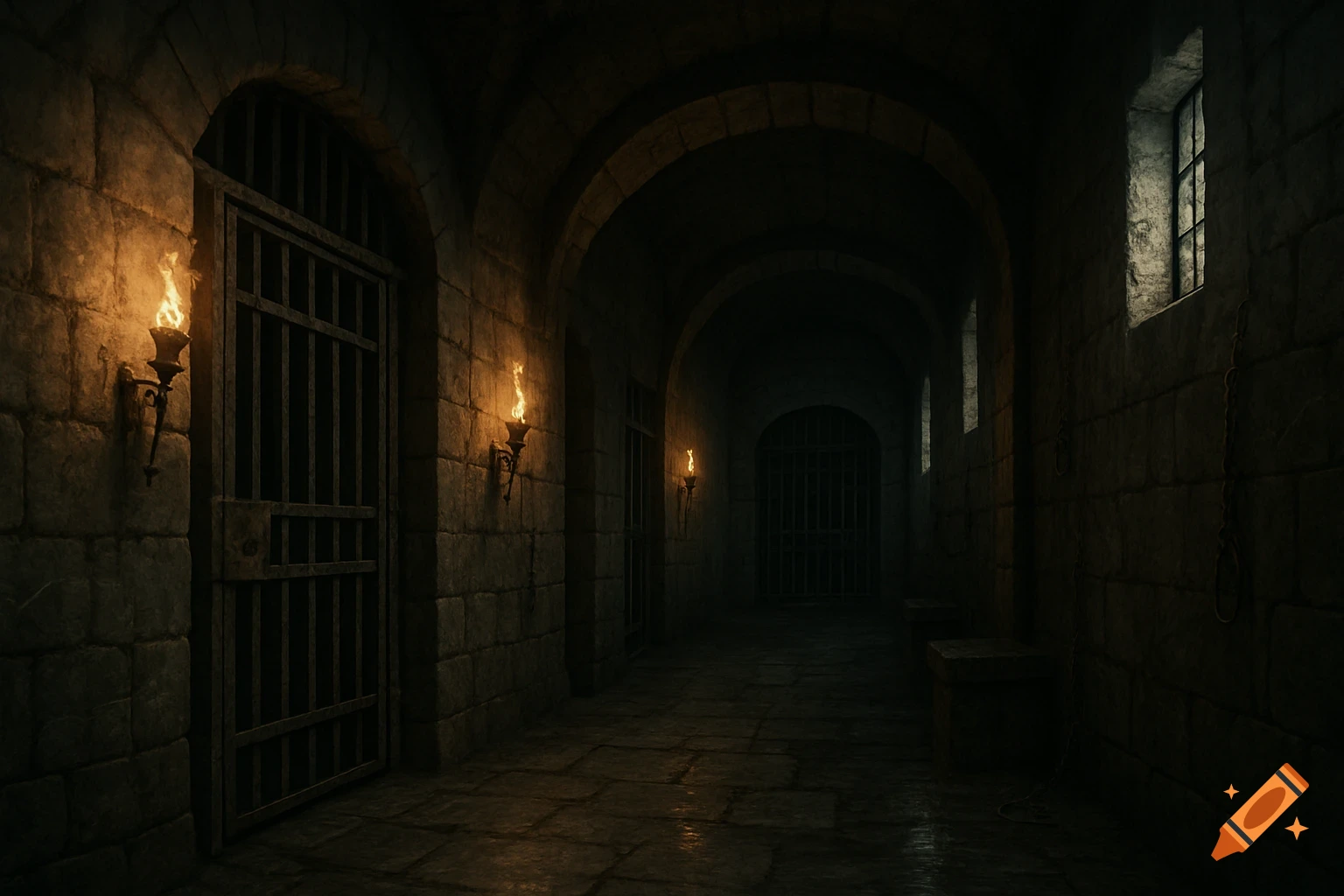 A dark, torch-lit stone prison hallway with iron barred cells and a distant window.