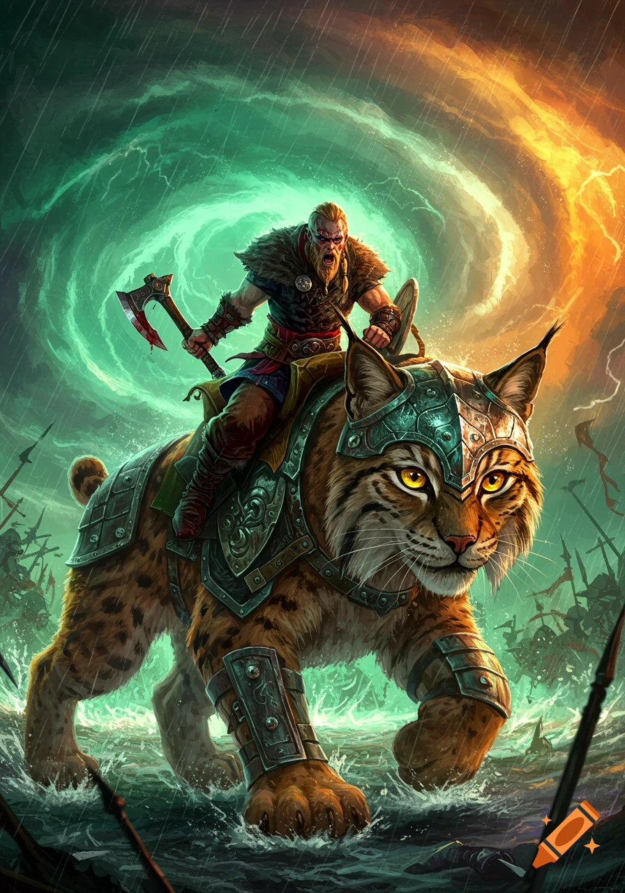 A fierce Viking warrior with an axe rides an armored giant bobcat through stormy water under a swirling, lightning-filled sky.