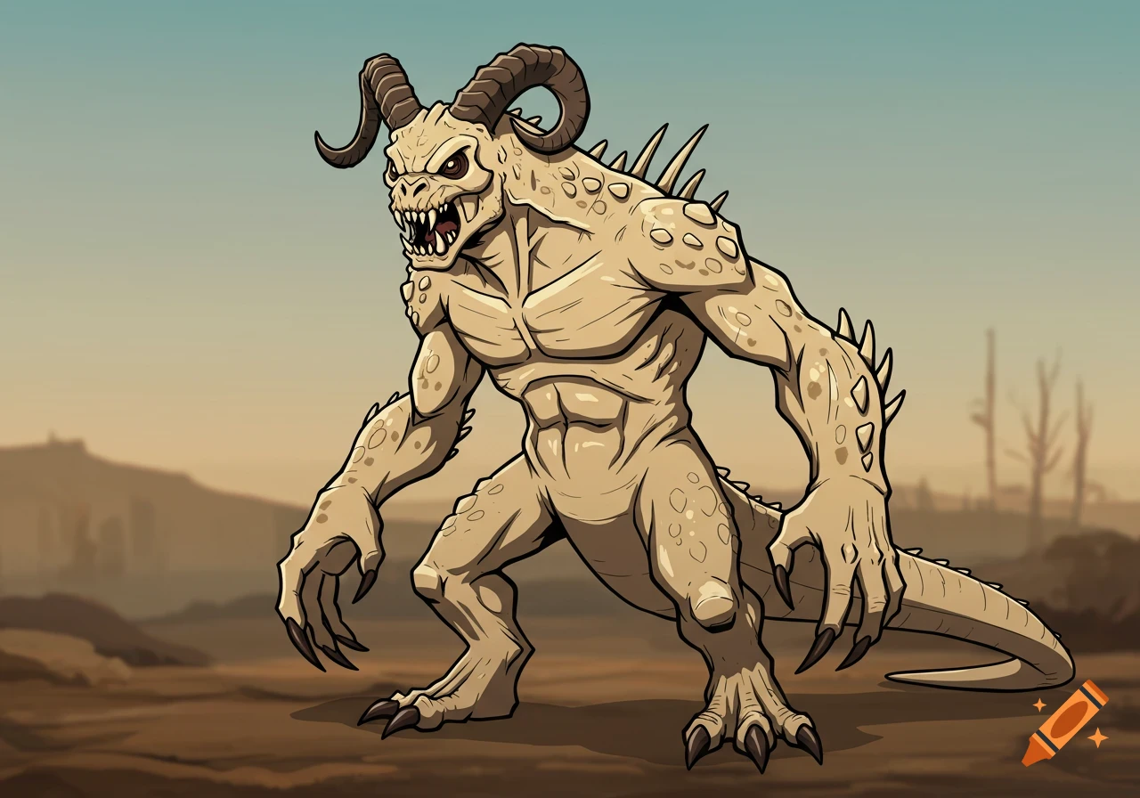 A beige, horned bipedal monster with sharp claws and spikes stands in a desolate cartoon landscape.