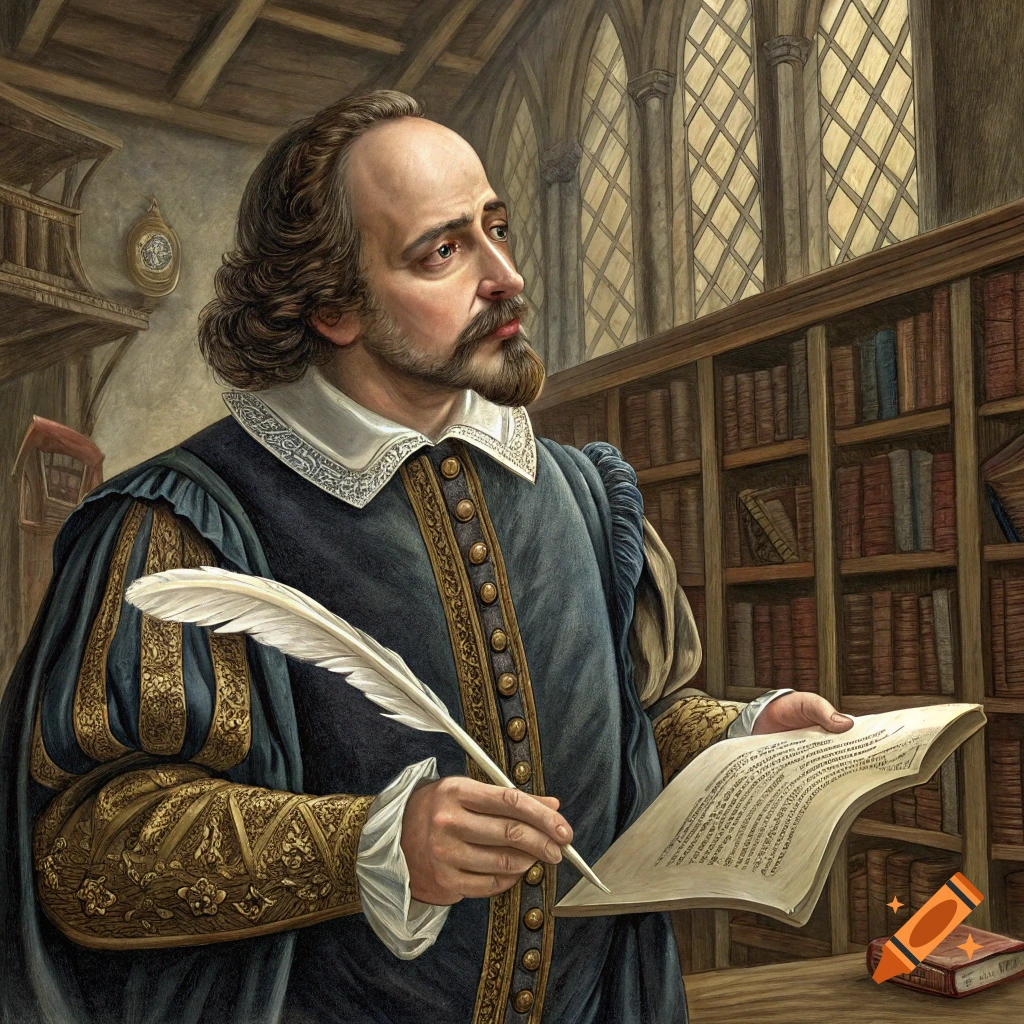Painting of William Shakespeare in historical attire, holding a quill and paper, in a library with bookshelves and large windows.